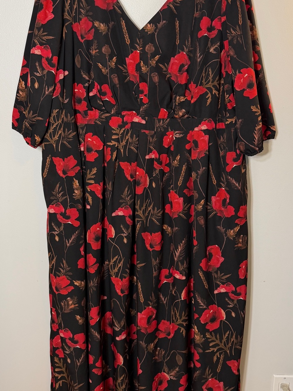 eShakti black & red poppy floral maxi dress Vneck pockets plus size 4X/ 28W EUC